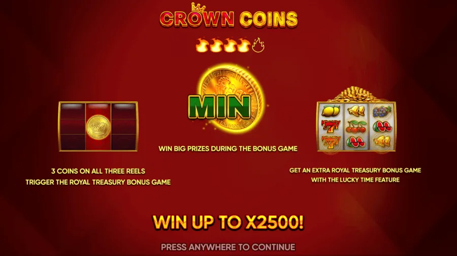 The Crown Coins start screen explaining the Royal Treasury Bonus and the coin triggers