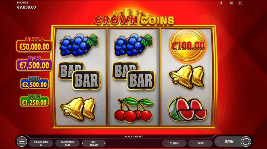 The Crown Coins reel set with the jackpot ladder listed down the left of the screen