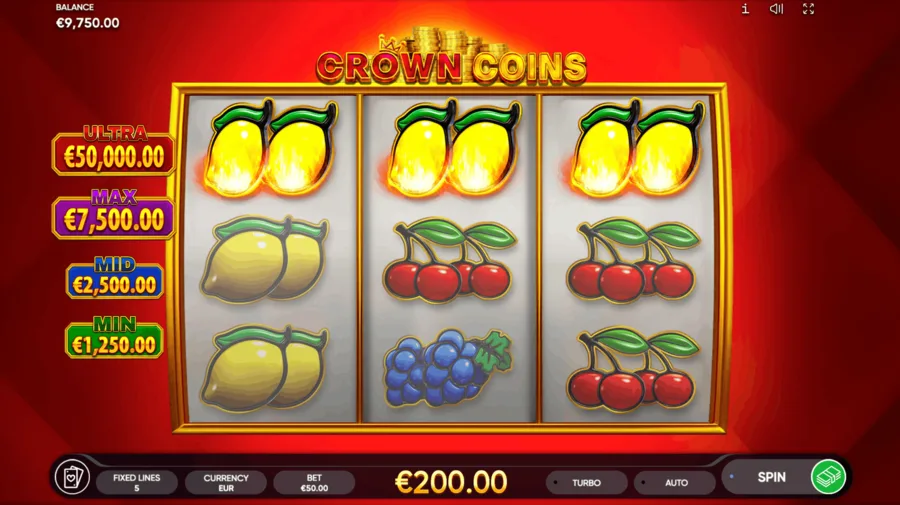 A Crown Coins spin with fruit symbols and a gold coin on the middle reel