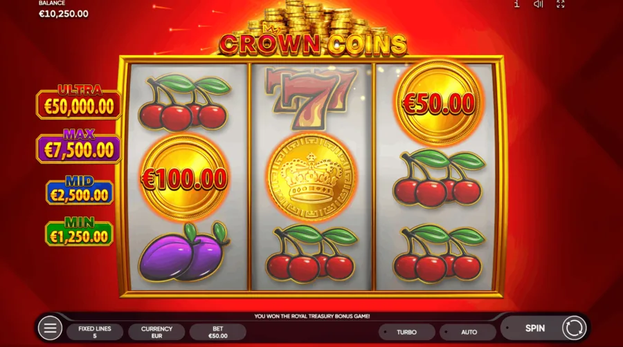 The Royal Treasury Bonus in progress with collected coins held on the grid