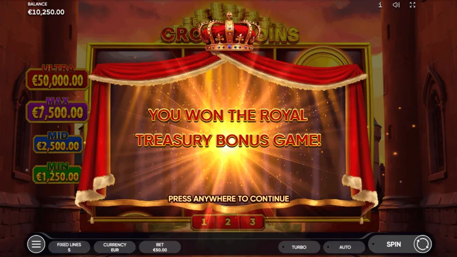 Crown symbols filling the grid during the Crown Coins bonus round