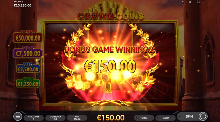 A Crown Coins win with the jackpot values shown beside the reels